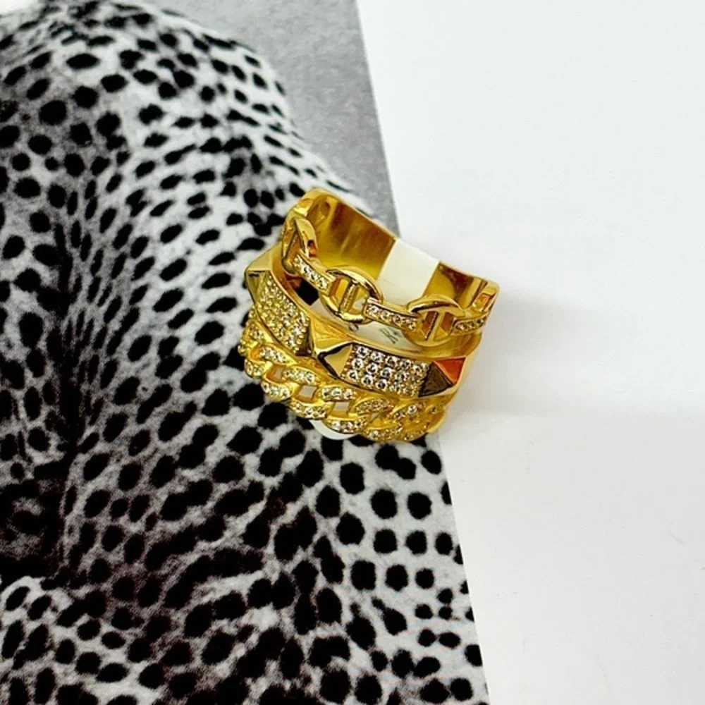 3 Stacked Gold Rodium Chain Link Ring